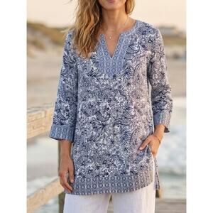 Sigrid Olsen Linen Tunic Blue White Floral Paisley Boho L